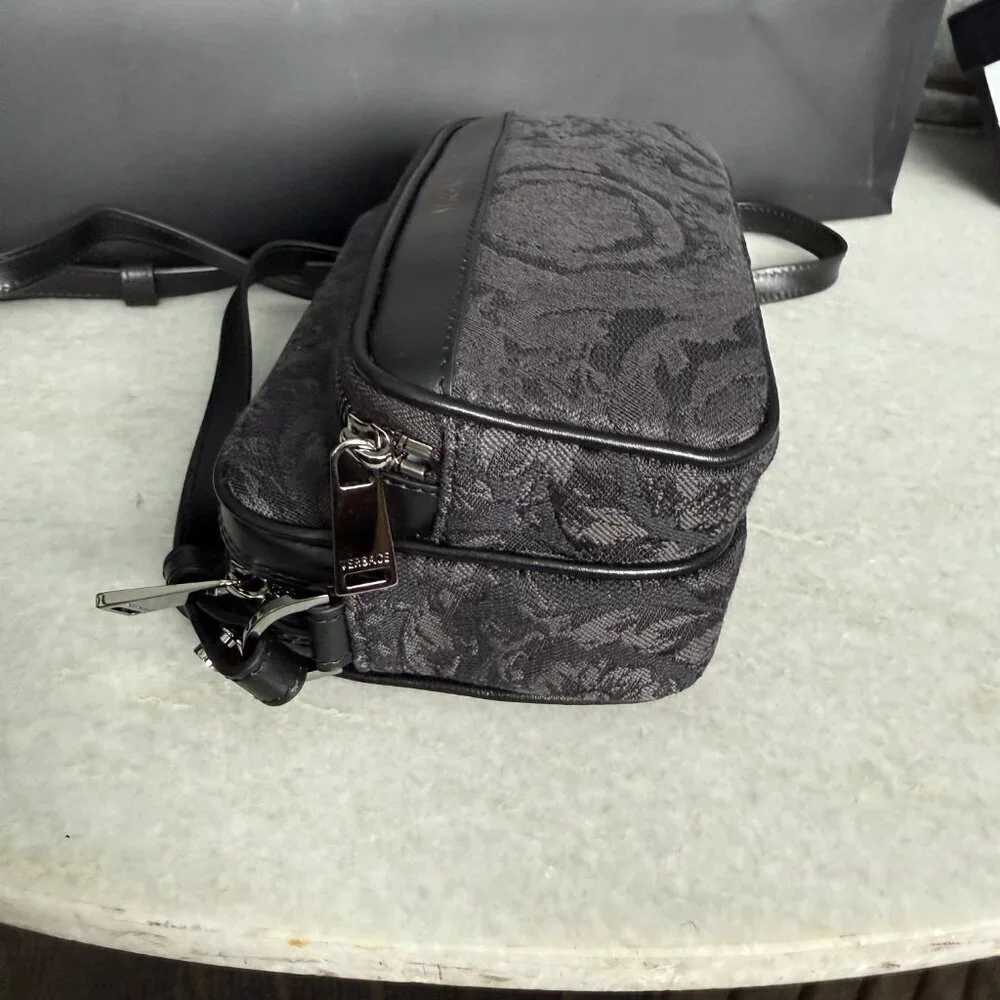 Versace Black Jacquard Fabric and Leather Shoulder Messenger Crossbody, 1012856